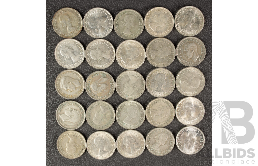 Twenty Five Australian KGVI/QE2 Silver Sixpence, Examples Spanning 1948 to 1963  .500