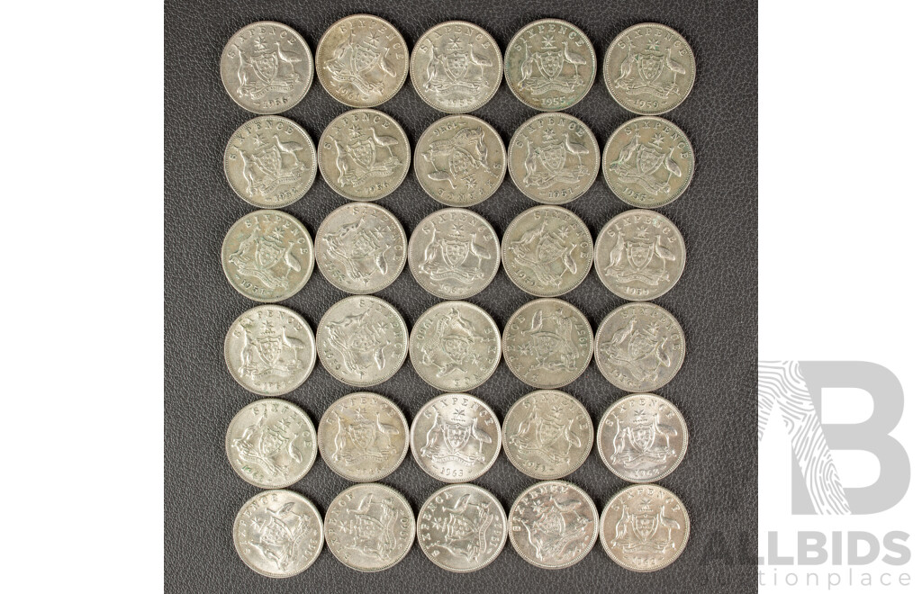 Thirty Australian KGVI/QE2 Silver Sixpence, Examples Spanning 1946 to 1963 .500