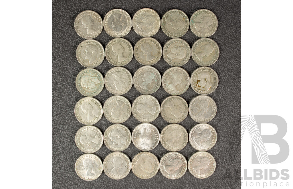 Thirty Australian KGVI/QE2 Silver Sixpence, Examples Spanning 1946 to 1963 .500