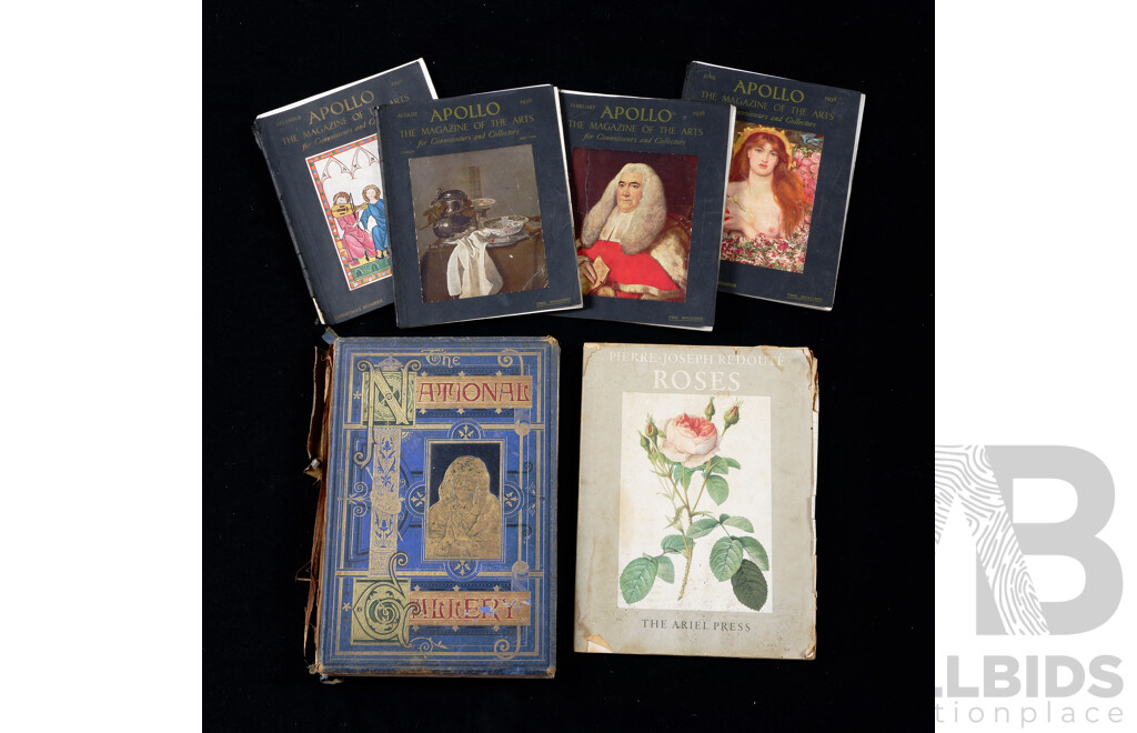 Collection Six Antique or Vintage Books Relating to Art Comprising Four 1930s Apollo Art Magazine, 1875 Edition National Gallery Selection and Pierre Joseph Redoute Roses by the Ariel Press