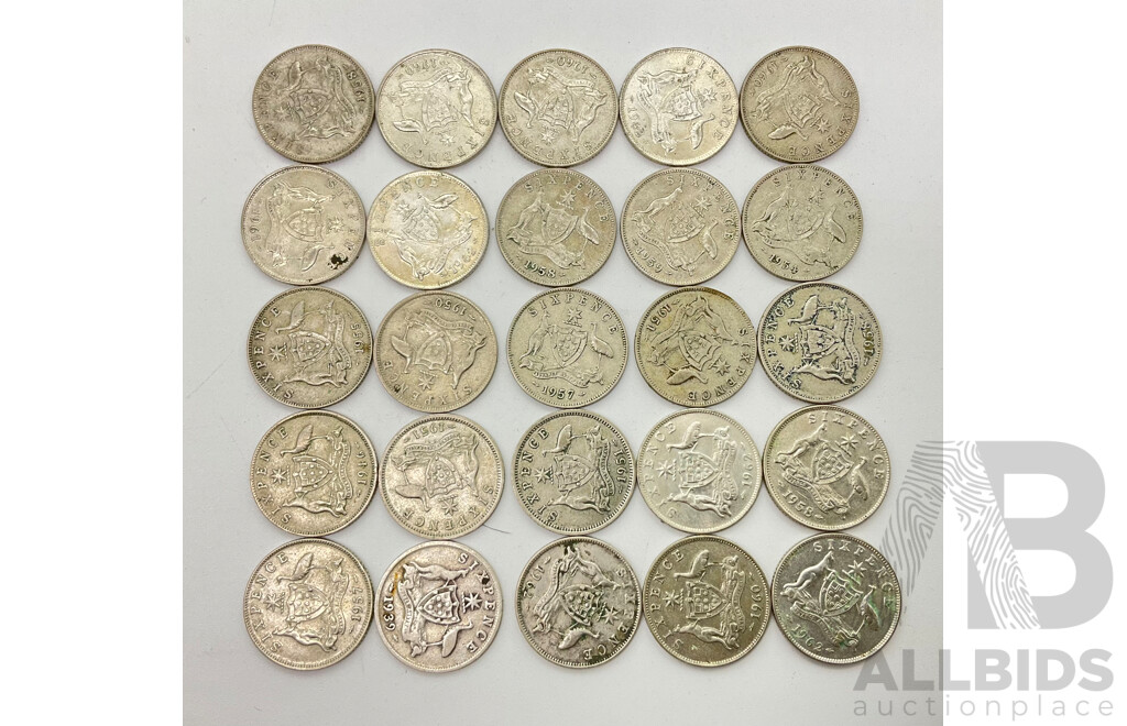 Twenty Five Australian KGVI and QE2 Silver Sixpence Coins, Examples From 1946 - 1962 (.500)