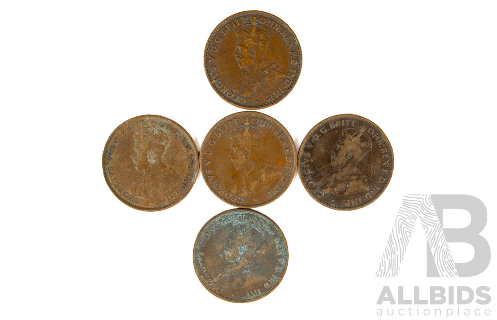 Five Australian KGV Foreign Mint Pennies Including 1912H 1915H, 1916I, 1917I, 1918I