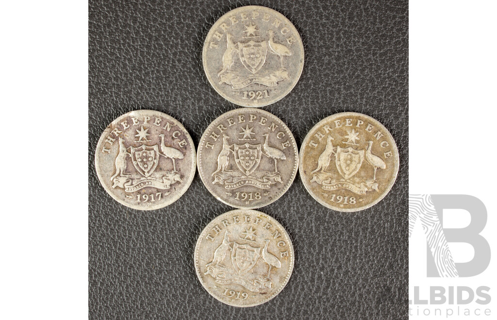 Five Australian KGV Melbourne Mint Silver Threepence Including 1917M, 1918M(2) 1919M, 1921M