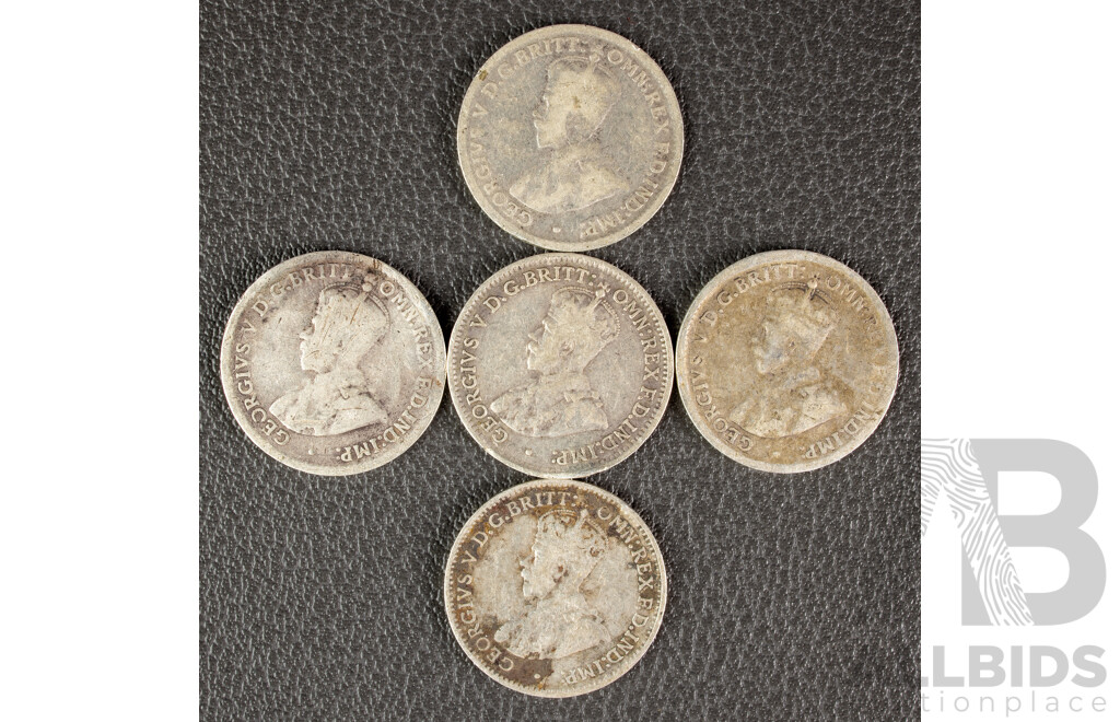 Five Australian KGV Melbourne Mint Silver Threepence Including 1917M, 1918M(2) 1919M, 1921M