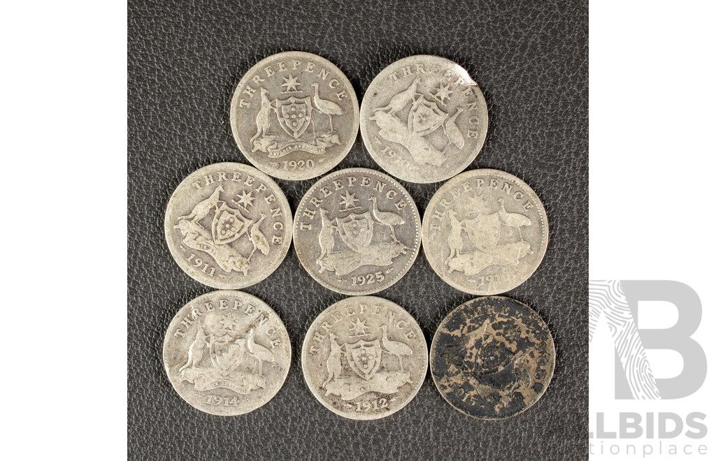 Eight Australian KEVII/KGV Melbourne Mint Silver Threepence Including 1910(2) 1911, 1912, 1914, 1915, 1920, 1925