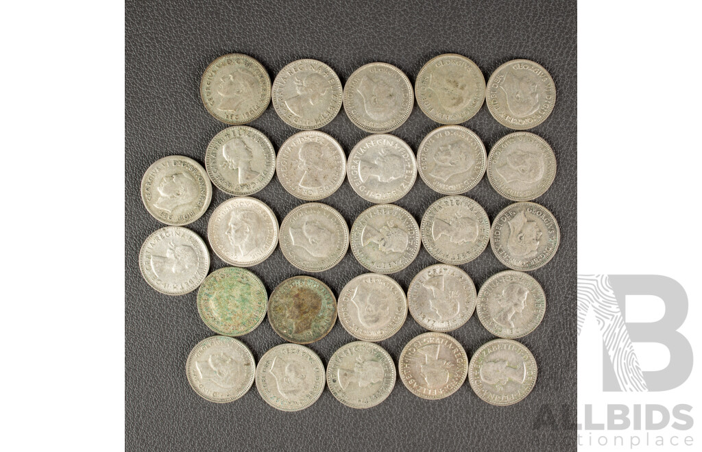 Twenty Seven Australian KGVI/QE2 Silver Threepence, Examples Spanning 1947 to 1960  .500