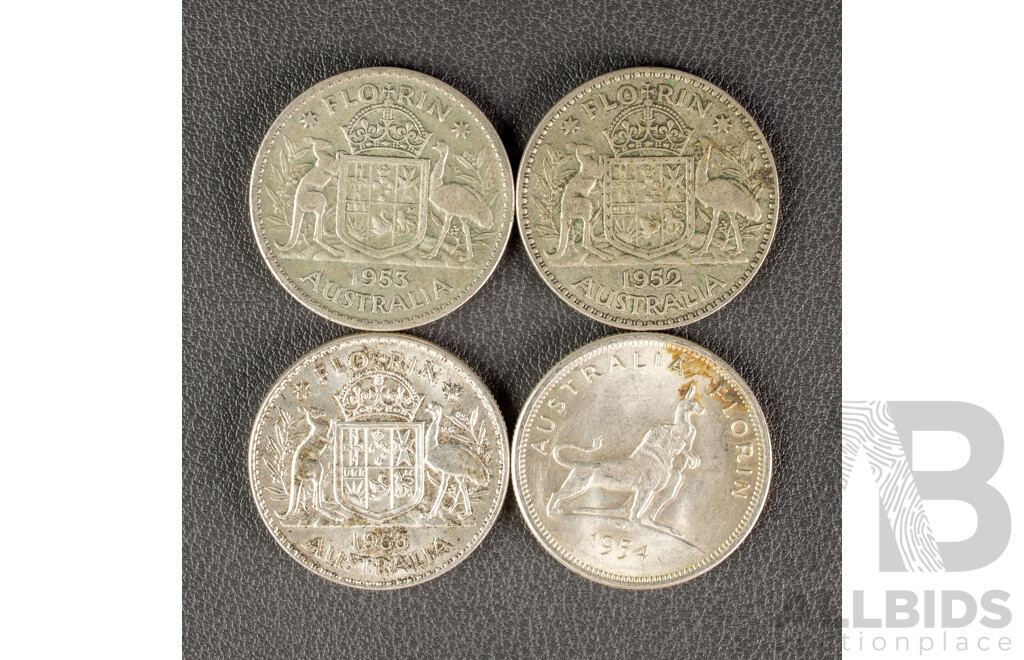 Four Australian KGVI/QE2 Silver Florins Including 1952, 1953(2) 1954 Commemorative .500
