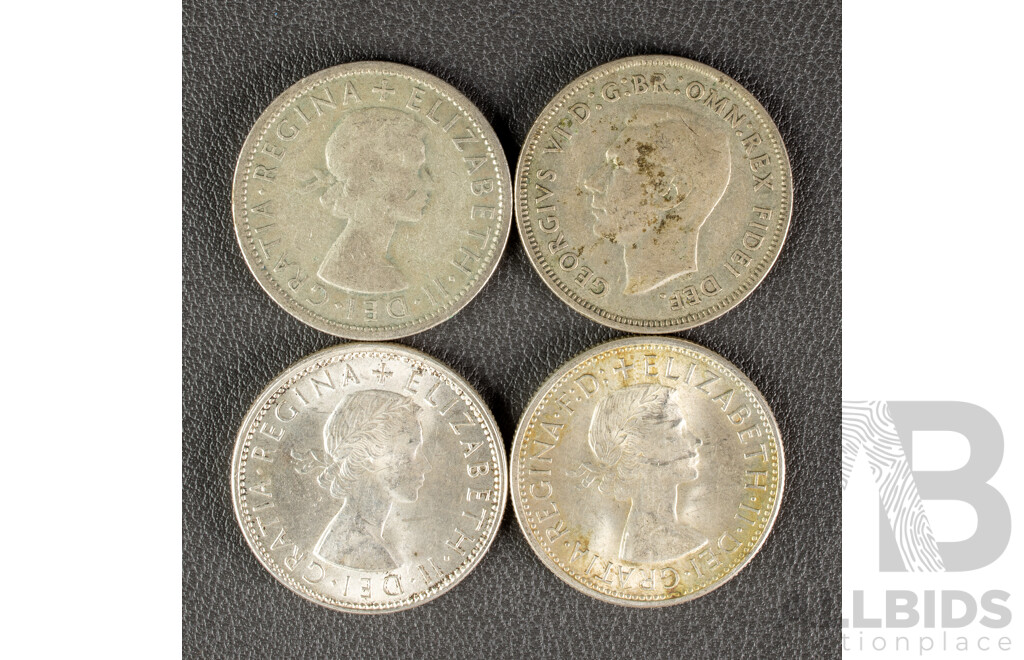 Four Australian KGVI/QE2 Silver Florins Including 1952, 1953(2) 1954 Commemorative .500