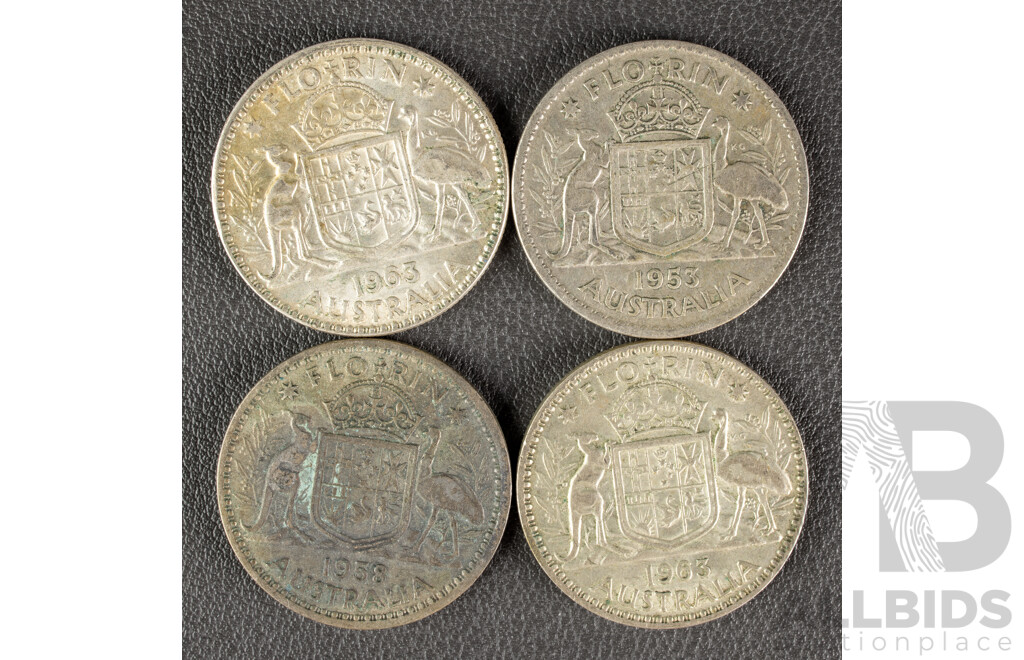 Four Australian QE2 Silver Florins Including 1953, 1958, 1963(2) .500