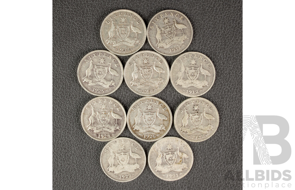 Ten Australian KGV Silver Sixpence Including 1911, 1912, 1921, 1922, 1925, 1926, 1927, 1928, 1934, 1936 .925