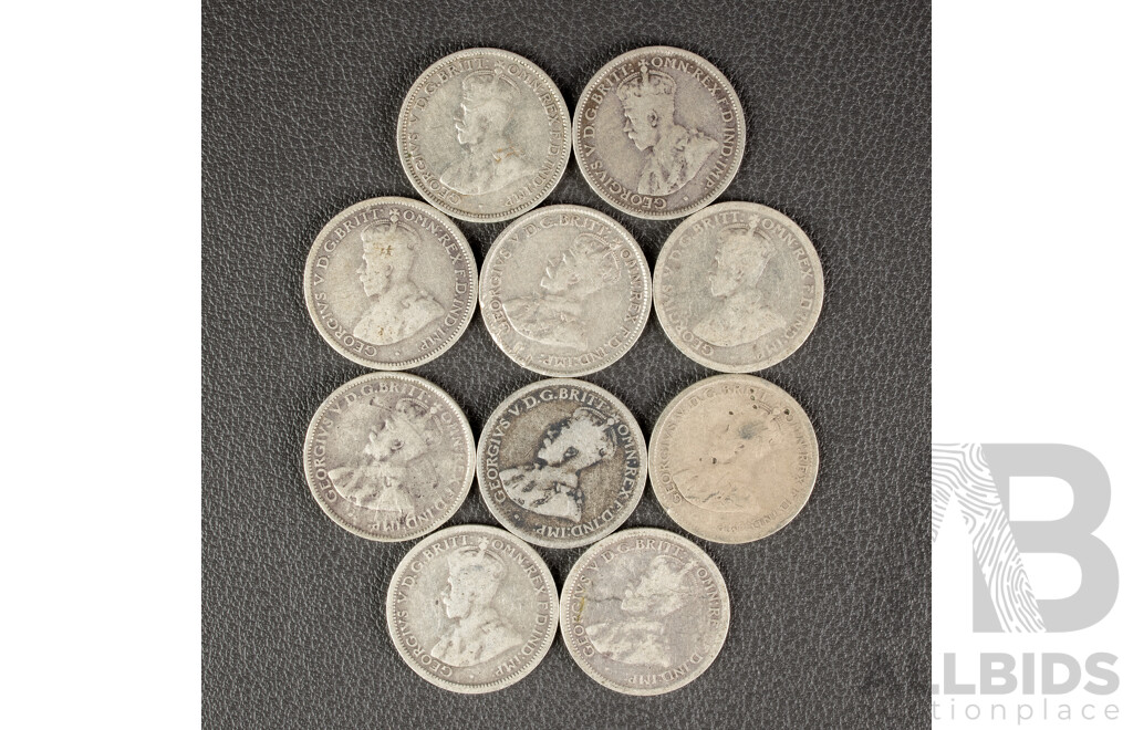 Ten Australian KGV Silver Sixpence Including 1911, 1912, 1921, 1922, 1925, 1926, 1927, 1928, 1934, 1936 .925