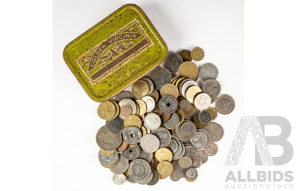 Collection of Vintage Coins Including Finland, Sweden, Denmark, Thailand, Bahrain, Morocco with Golden Virginia Tobacco Tin