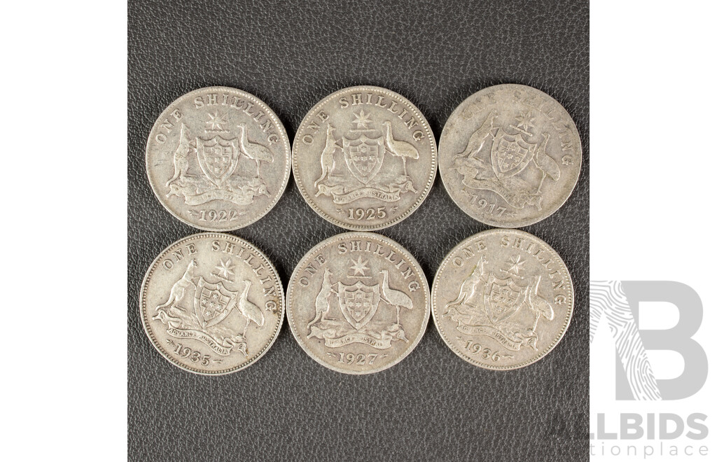 Six Australian KGV Silver Shillings Including 1917M, 1922, 1925, 1927, 1935, 1936 .925