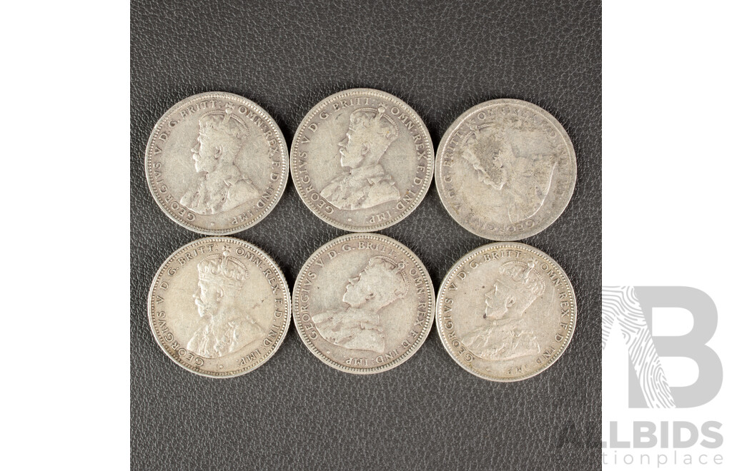 Six Australian KGV Silver Shillings Including 1917M, 1922, 1925, 1927, 1935, 1936 .925