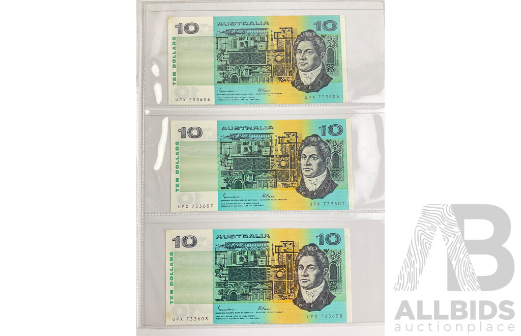 Australian 1985 Ten Dollar Notes, Johnston/Fraser Consecutive UPX 733606 - UPX 733608