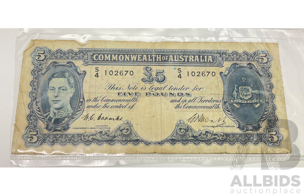 Australian COA Five Pound Note, Coombs/Watt S 4 102670