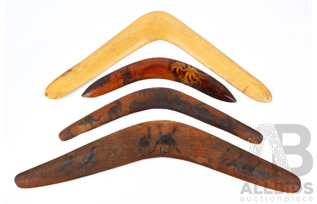 Collection Four Vintage Indigenous Australian Carved Hardwood Souvenir Ware Boomerangs