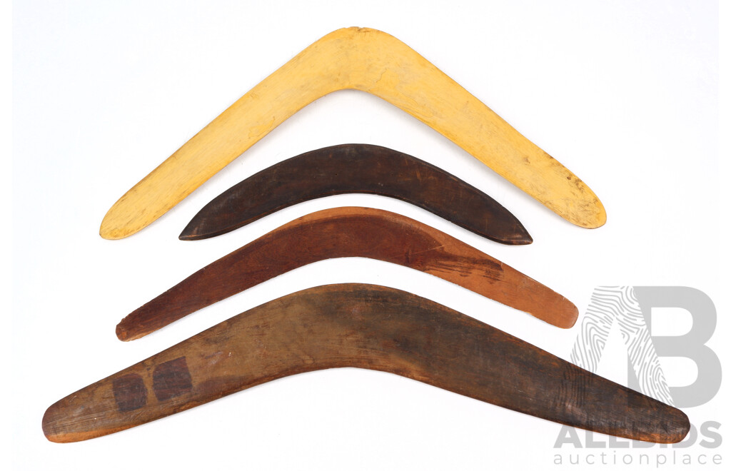 Collection Four Vintage Indigenous Australian Carved Hardwood Souvenir Ware Boomerangs