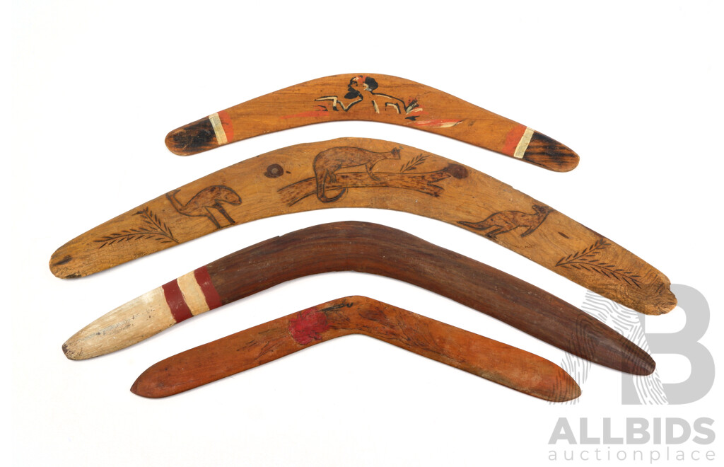 Collection Four Vintage Indigenous Australian Carved Hardwood Souvenir Ware Boomerangs