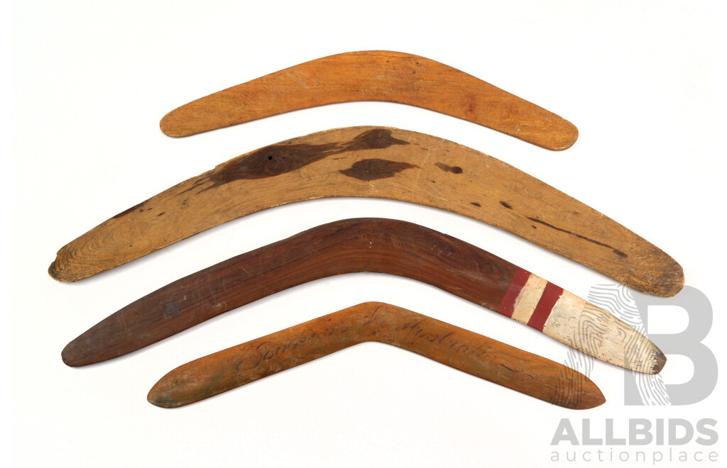 Collection Four Vintage Indigenous Australian Carved Hardwood Souvenir Ware Boomerangs