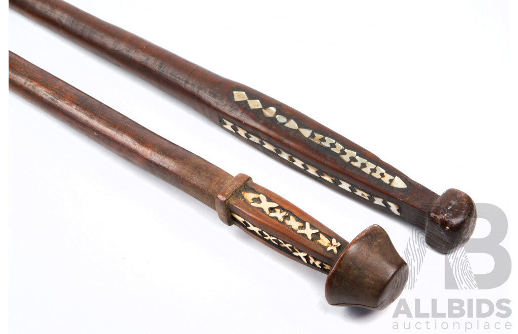 Vintage New Hebrides Aoba Island King & Queen Hardwood Walking Sticks with Mother of Pearl Inlay to Top, 1970s