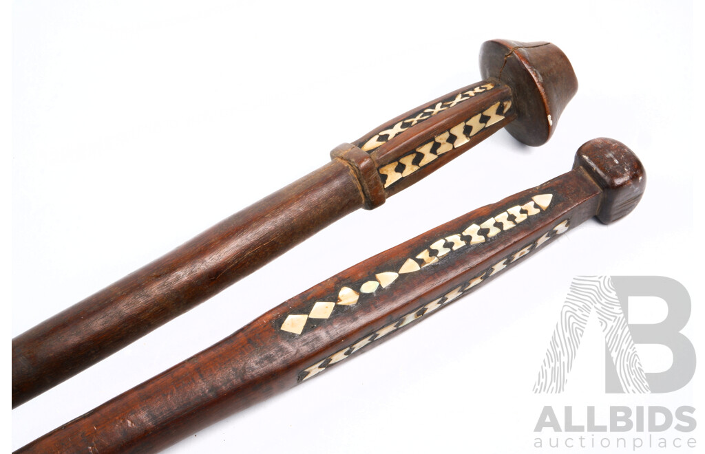 Vintage New Hebrides Aoba Island King & Queen Hardwood Walking Sticks with Mother of Pearl Inlay to Top, 1970s