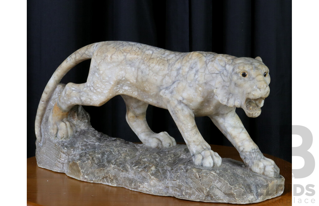 Large Carved Carrera Marble of a Stalking Tiger