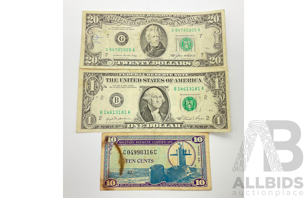 USA Banknotes Including 1985 Twenty Dollars, 1981 One Dollar and US Military Ten Cent Note, Vietnam War 681 Series