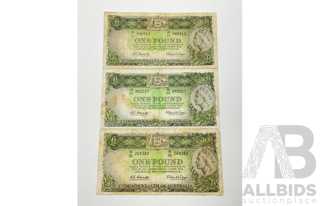 Three Australian One Pound Banknotes, Coombs/Wilson HI90, HJ11, HK09