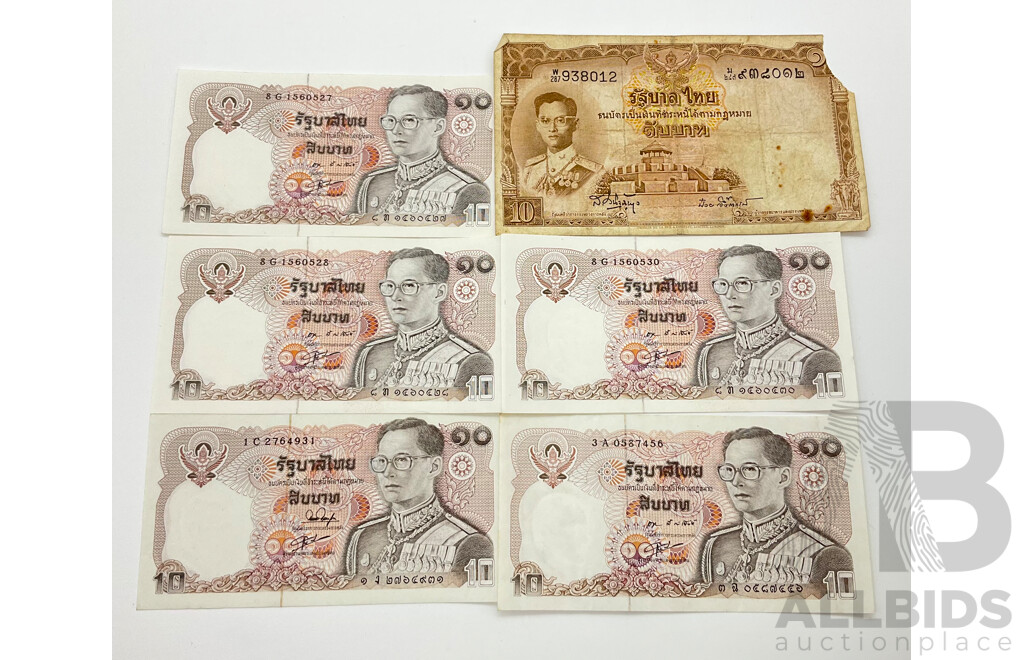 Thailand Banknotes Including 1950's Ten Baht and 1980's Ten Baht, Consecutive 8 G 1560527 - 8 G 1560528