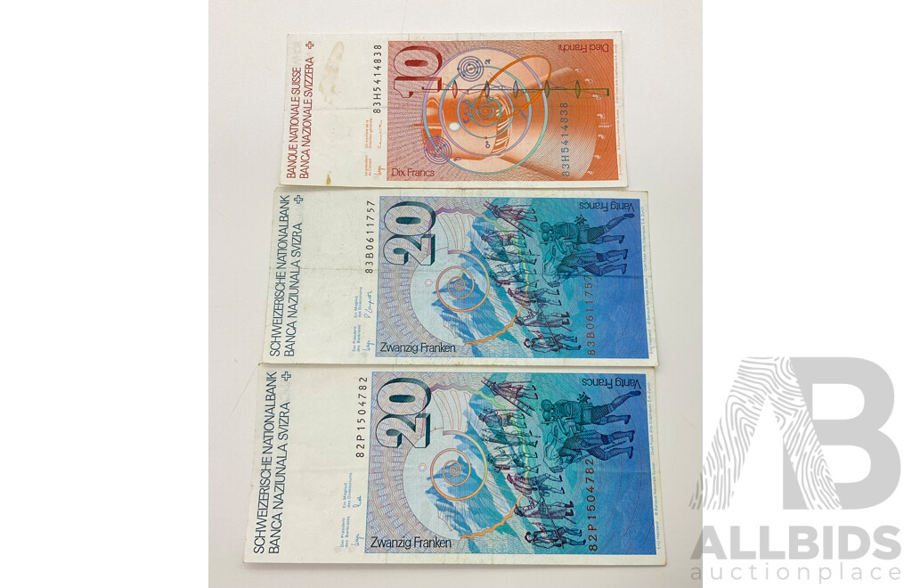 Switzerland Banknotes Including Twenty Francs(2) and Ten Francs