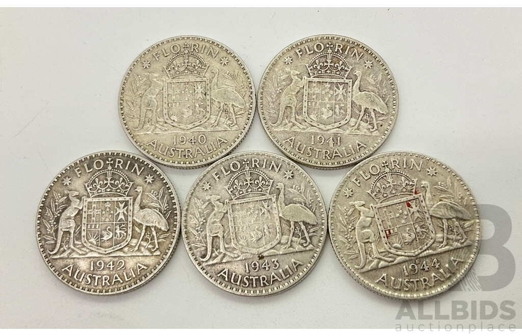 Five Australian Silver Florins, Consecutive 1940 to 1944 (1944 San Francisco Mint) .925