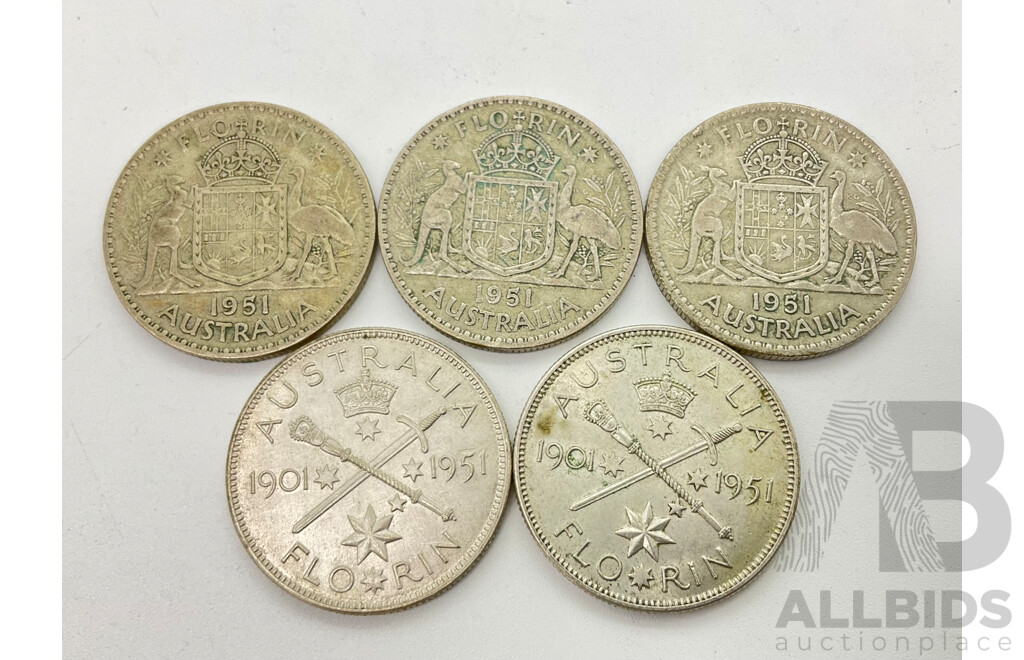 Australian 1951 Silver Florins Including Commemorative 1951(2) .500