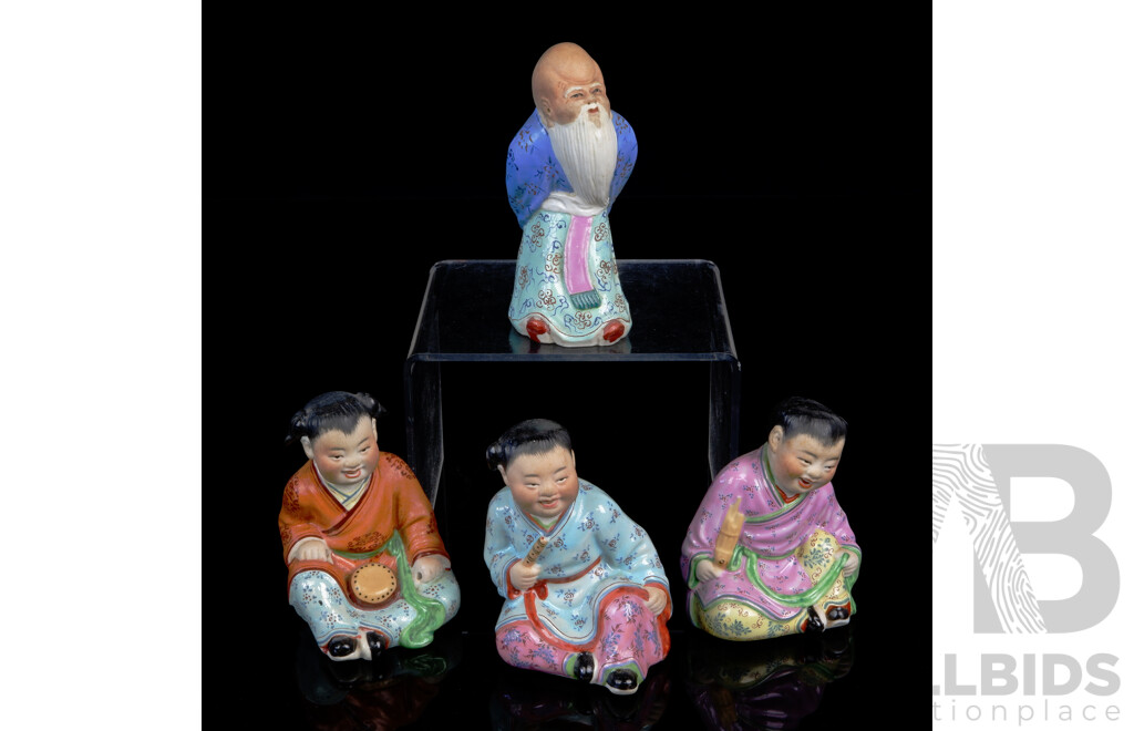 Collection Three Hand Painted Chinese Children Figures Along with Hand Painted Immortal Figure