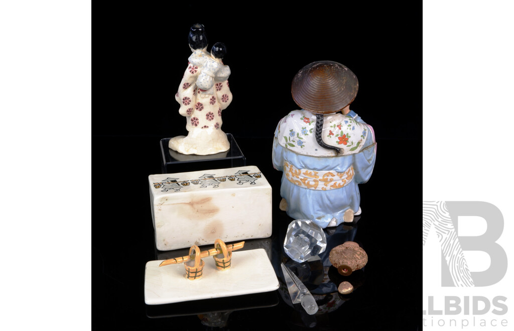 Collection VIntage Asian Items Including Japanese Porcleain Female and Child Figure, Composite Snuff Bottle, Male Statue and More