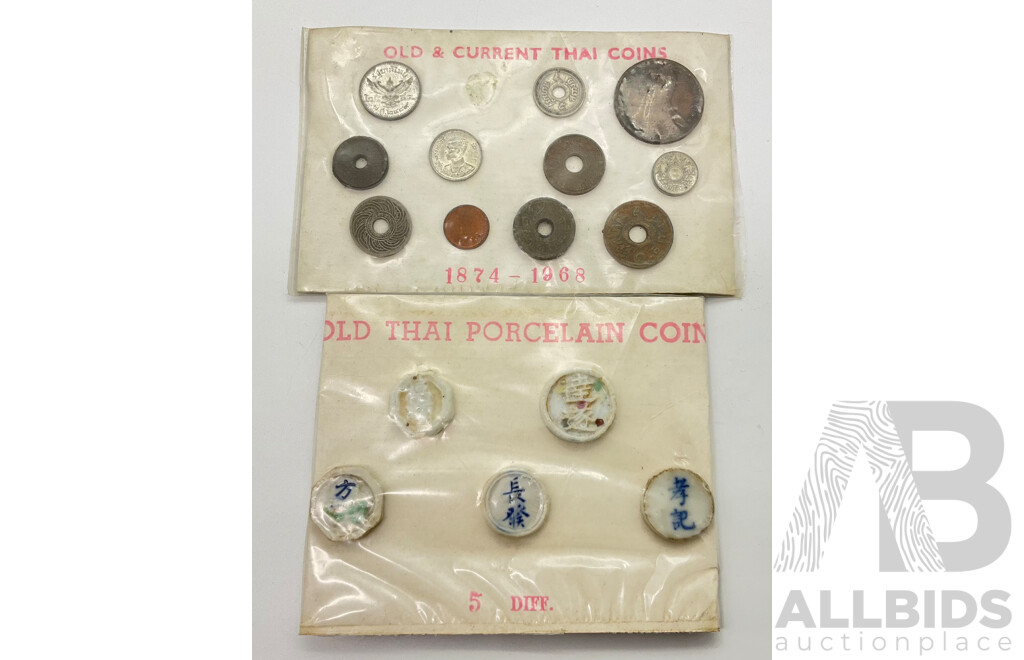 Antique and Vintage Thailand Coins 1874 - 1968, Including Porcelain Examples