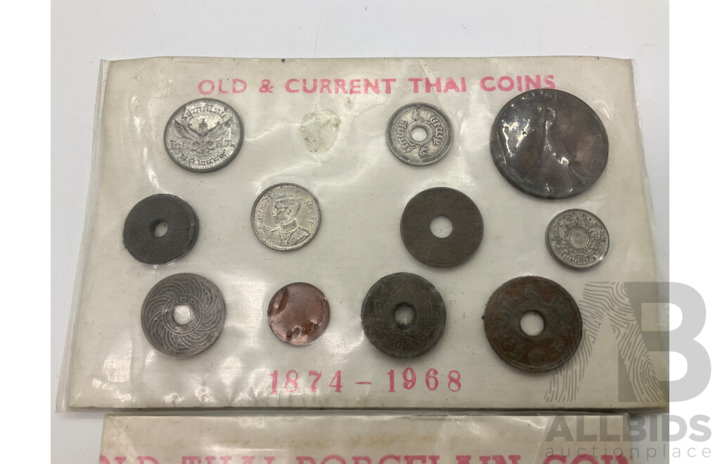 Antique and Vintage Thailand Coins 1874 - 1968, Including Porcelain Examples