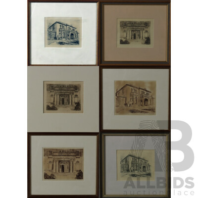 Signed Indistinctly, Scots College and Aspinall House, Collection of Six Vintage Etchings; Three of Each Subject Matter, 33 x 36 cm (larger frames), (6)