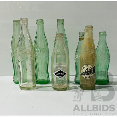 Collection Early Coke Bottles Including San Fran Cisco Example Along with Pyro Ceramic Label Margins Gosford & GSR Bussleton Cordial Bottles