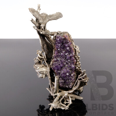 Australian Steel Sculpture with Amethyst Centerpiece and Detailed Indigenous Scenes and Animals