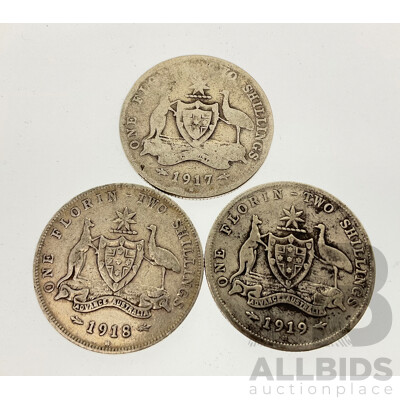 Three Australian KGV Silver Florins 1917, 1918, 1919 - All Melbourne Mint .925