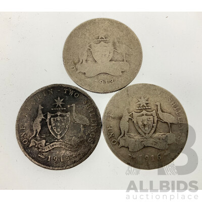 Three Australian KGV Silver Florins 1913, 1915, 1916 - .925