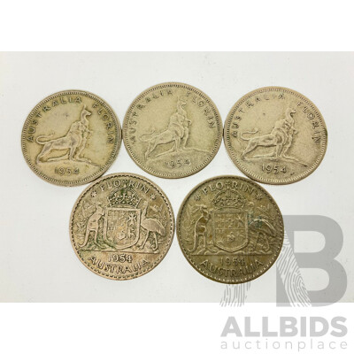 Five Australian 1954 QE2 Silver Florins, Standard(2) and Commemorative(3) .500