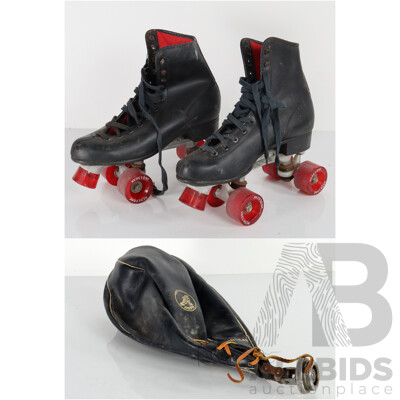 Pair of Vintage Redstone Rollerskates and Leather Speed Ball