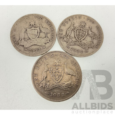 Three Australian KGV Silver Florins, 1913, 1921, 1933  .925
