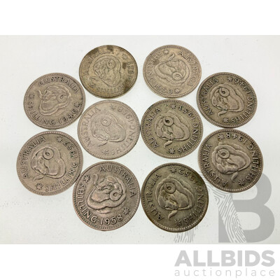 Ten Australian KGVI/QE2 Silver Shillings Spanning Years 1946 to 1960  .500