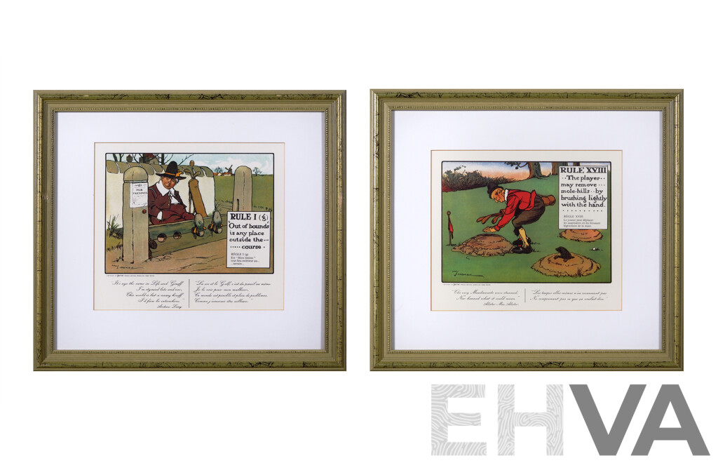 Charles Exeter Devereux Crombie, (Scottish, 1887-1967), The Rules of Golf, Rule I and Rule XVIII, Pair of Lithographs Printed by Litho-Offset, Originally Published in 1905 by Perrier, 37 ^x 41 ^cm (frames) (2)