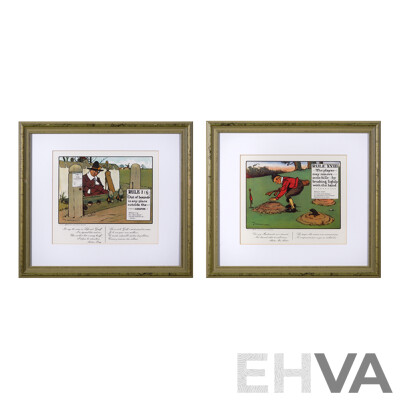 Charles Exeter Devereux Crombie, (Scottish, 1887-1967), The Rules of Golf, Rule I and Rule XVIII, Pair of Lithographs Printed by Litho-Offset, Originally Published in 1905 by Perrier, 37 ^x 41 ^cm (frames) (2)