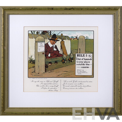 Charles Exeter Devereux Crombie, (Scottish, 1887-1967), The Rules of Golf, Rule I and Rule XVIII, Pair of Lithographs Printed by Litho-Offset, Originally Published in 1905 by Perrier, 37 ^x 41 ^cm (frames) (2)