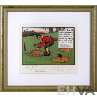 Charles Exeter Devereux Crombie, (Scottish, 1887-1967), The Rules of Golf, Rule I and Rule XVIII, Pair of Lithographs Printed by Litho-Offset, Originally Published in 1905 by Perrier, 37 ^x 41 ^cm (frames) (2)